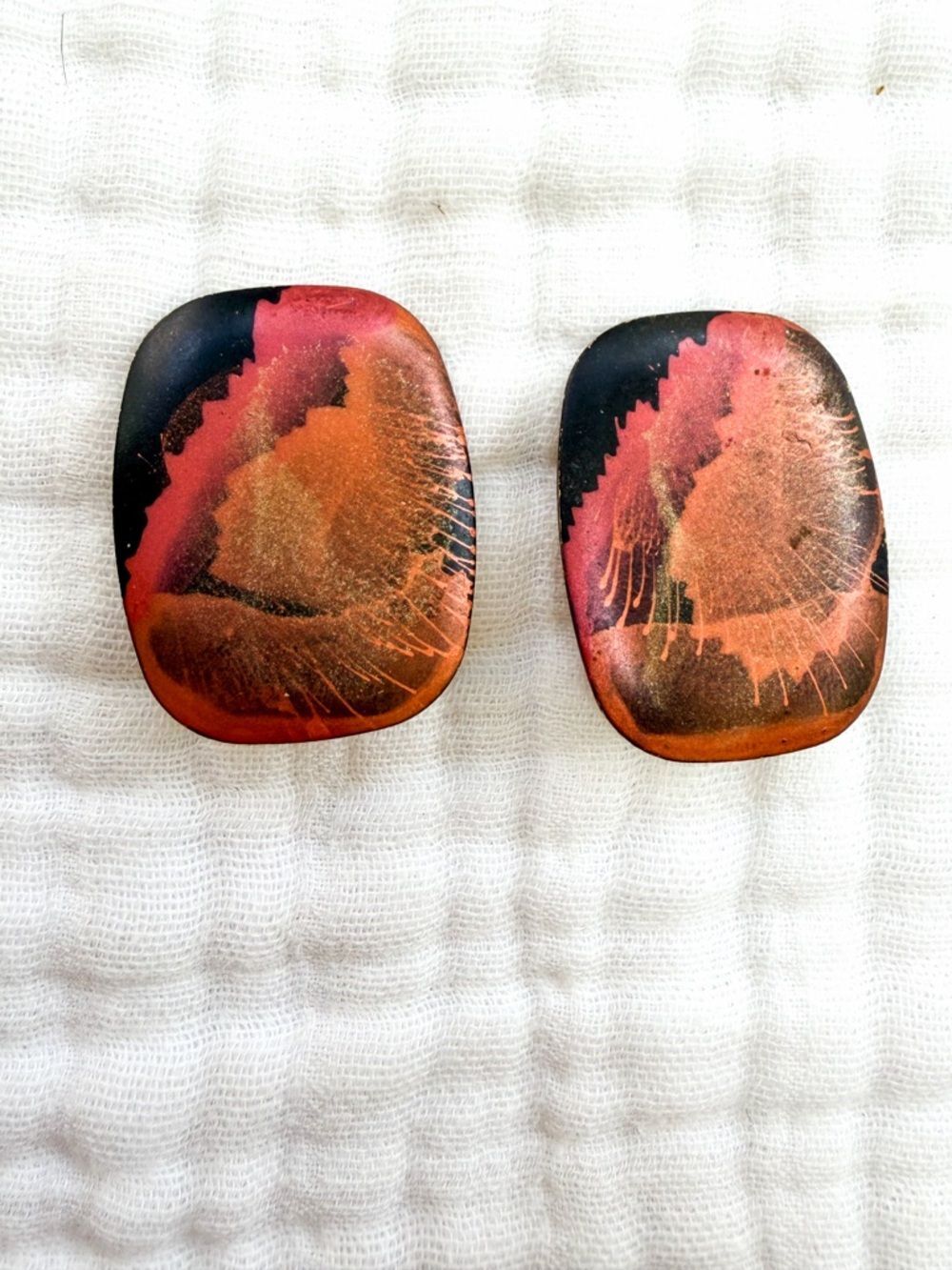Vintage 80s Abstract Art Clip On Earrings Red Black Gold Statement